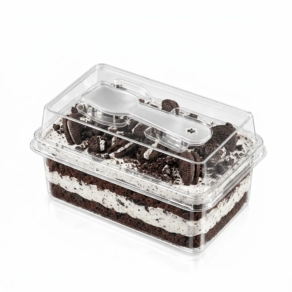 Clear PET mini cake box with spoon lid for Oreo cream cake packaging