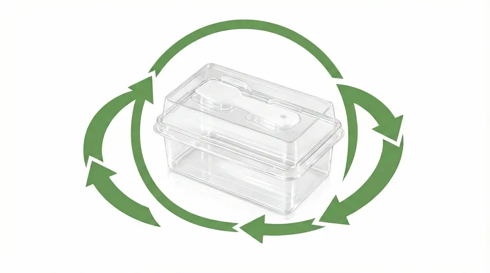 Clear PET mini cake box with spoon lid surrounded by green recycling arrows