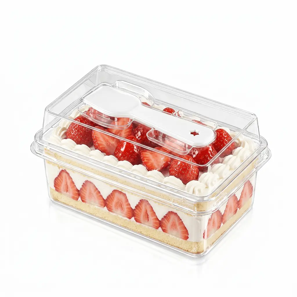 clear-pet-mini-cake-box-strawberry-cream-cake Clear PET mini cake box with spoon lid for strawberry cream cake