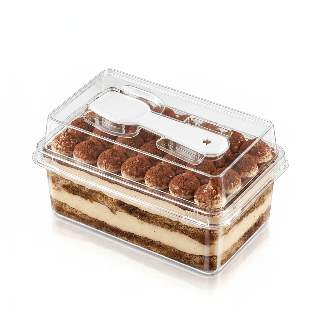 clear-pet-mini-cake-box-tiramisu-dessert Clear PET mini cake box with spoon lid for tiramisu dessert packaging