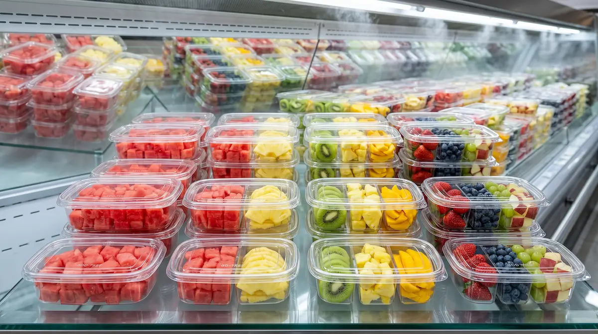 Clear PET multi-compartment snack containers in refrigerated display for fresh fruit and snack assortments