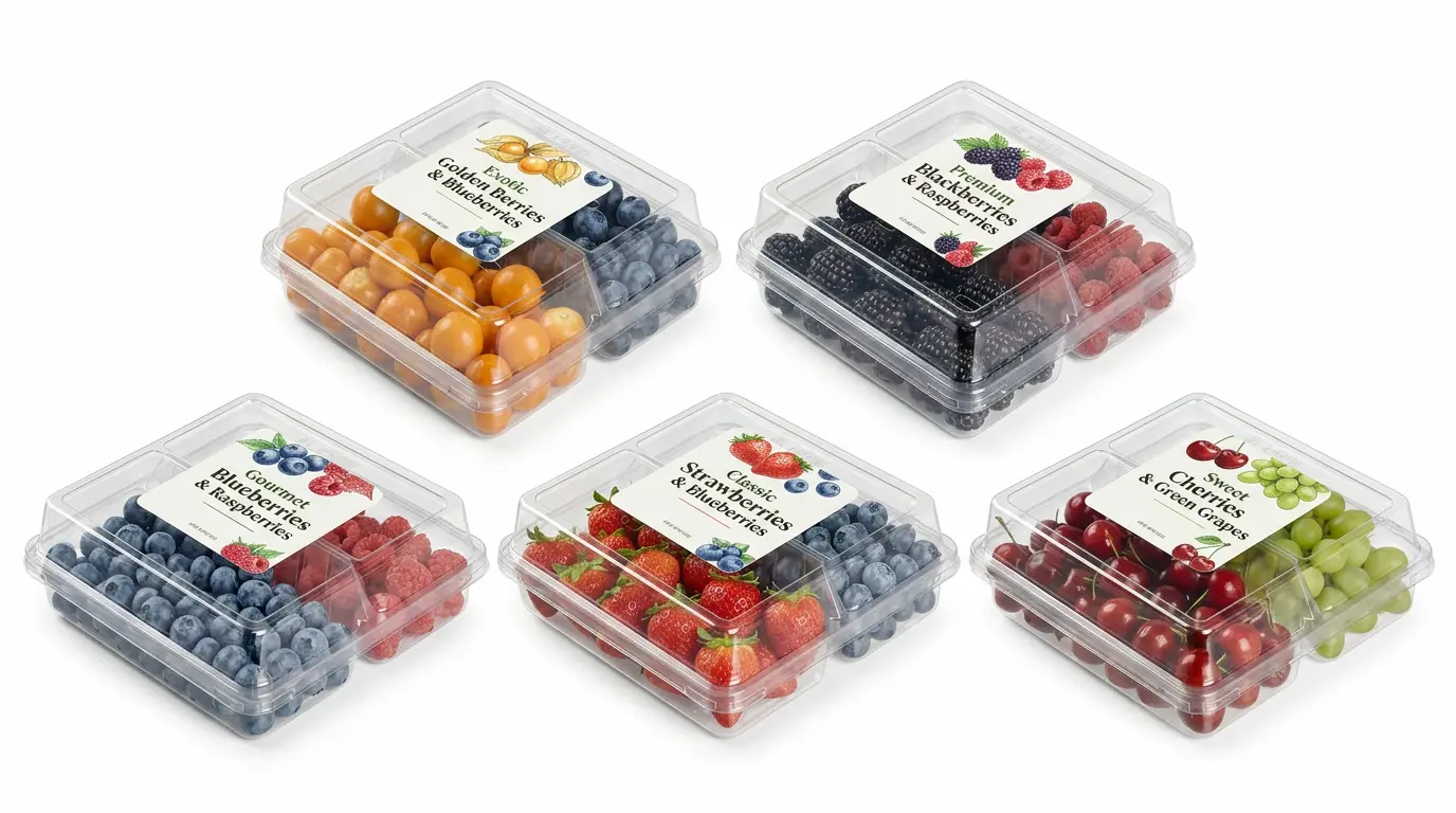 Clear PET/RPET 2-compartment fruit containers with private label packaging for berries and grapes