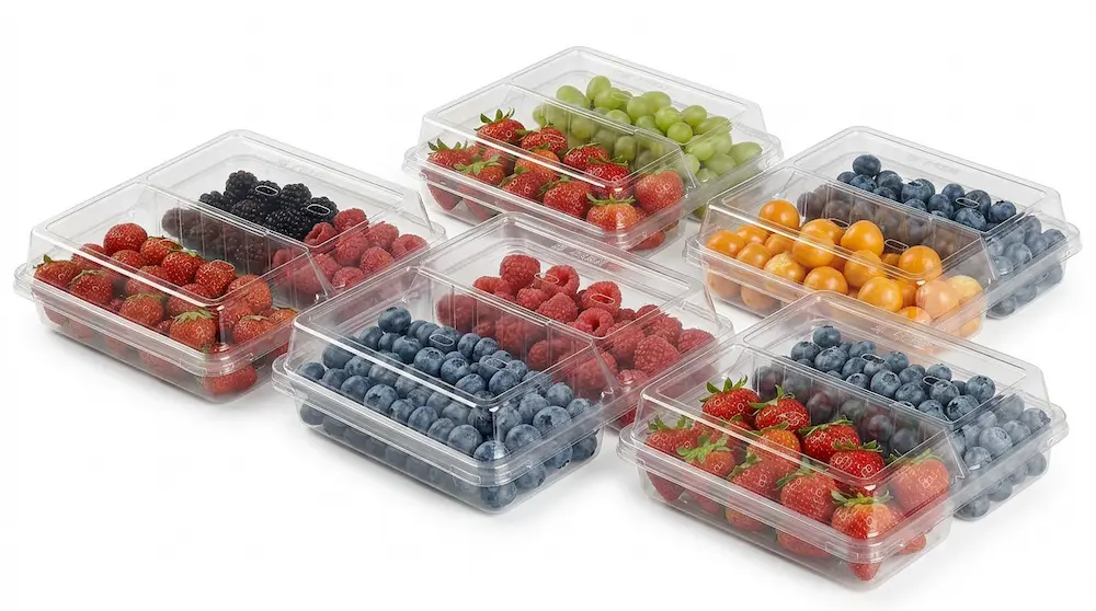 Clear PET/RPET 2-compartment produce containers for assorted berries and fresh fruit display