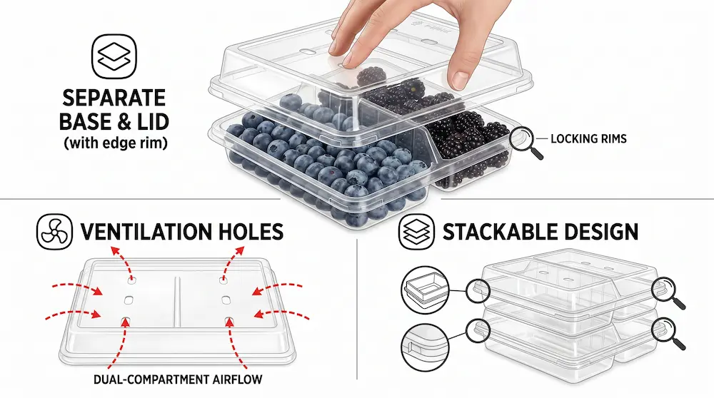 Clear PET/RPET 2-compartment vented produce container with separate base, lid, ventilation holes and stackable design