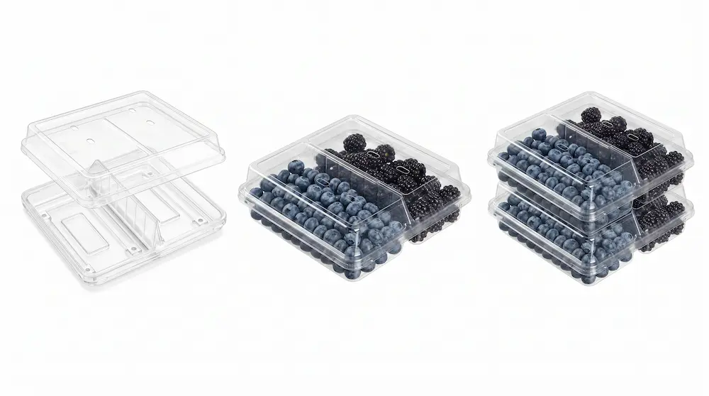 Clear PET/RPET 2-compartment produce container shown empty, filled and stacked