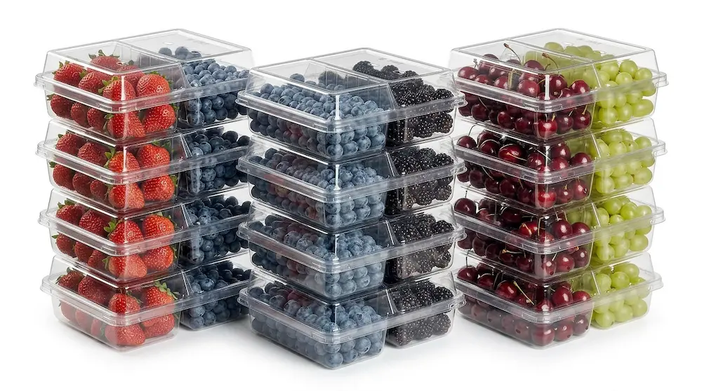 Stacked clear PET/RPET 2-compartment vented produce containers for berries, cherries and grapes