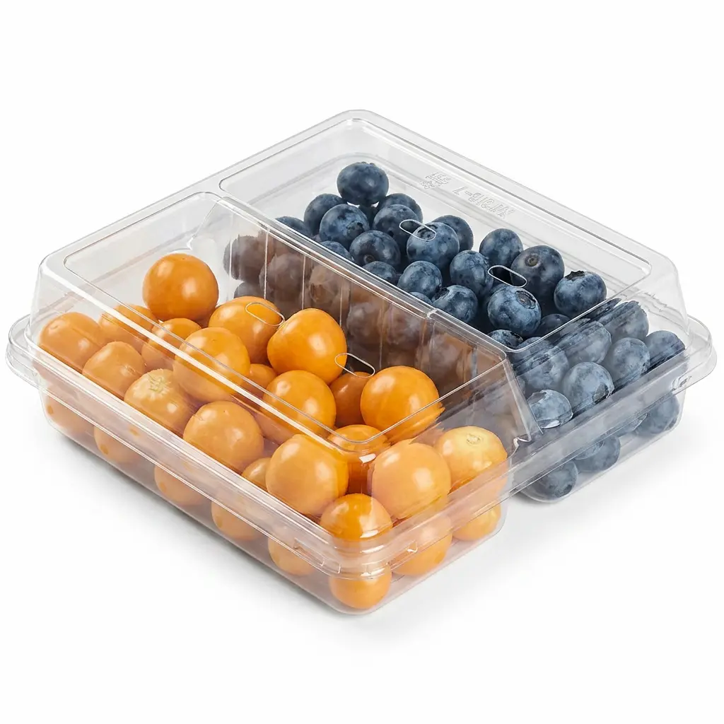 Clear PET/RPET 2-compartment vented container for golden berries and blueberries