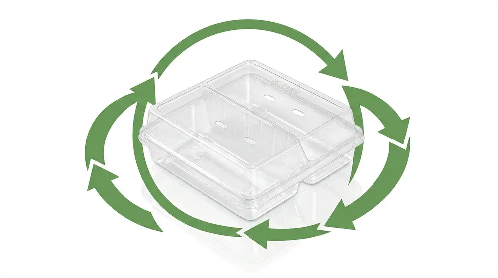 Clear PET/RPET 2-compartment vented produce container with recyclable packaging concept