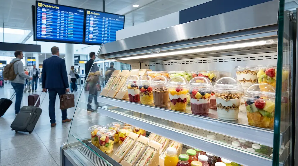 3.54 inch clear PET/RPET cylindrical dessert container with spoon for high-speed rail station grab-and-go display
