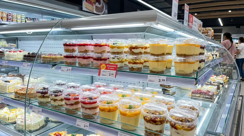 Clear PET/RPET cylindrical dessert container with spoon for supermarket chilled dessert display