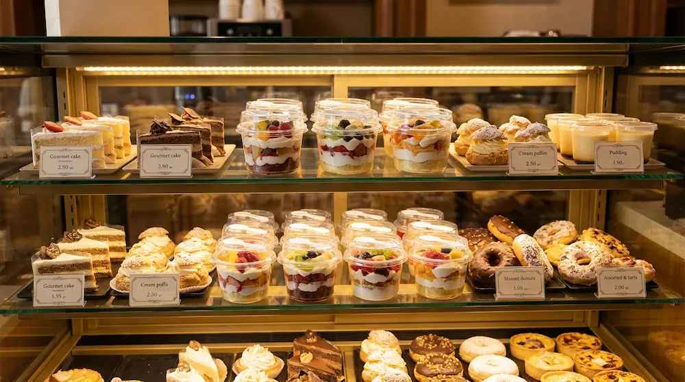 Clear PET/RPET cylindrical dessert container with spoon for bakery refrigerated dessert display