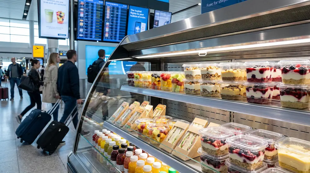 Clear PET/RPET deep square dessert containers in an airport grab-and-go refrigerated display for travel dessert packaging