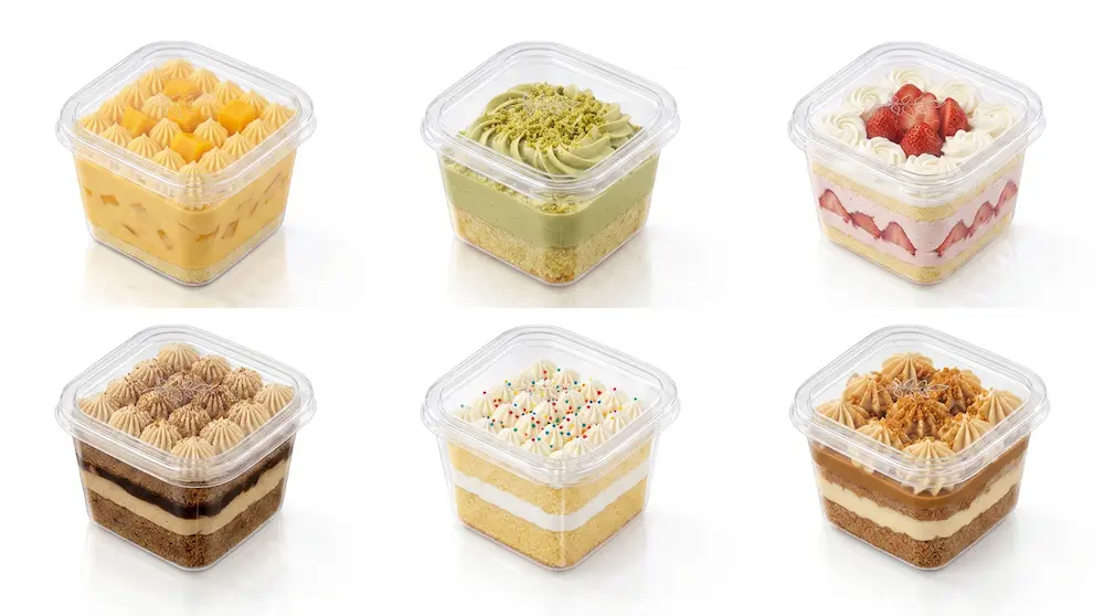 Six clear PET/RPET deep square dessert containers filled with mango, pistachio, strawberry cream, tiramisu, birthday cake, and caramel desserts.