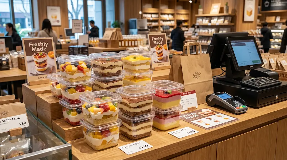 Clear PET/RPET deep square dessert containers stacked beside a retail checkout counter for fresh grab-and-go desserts