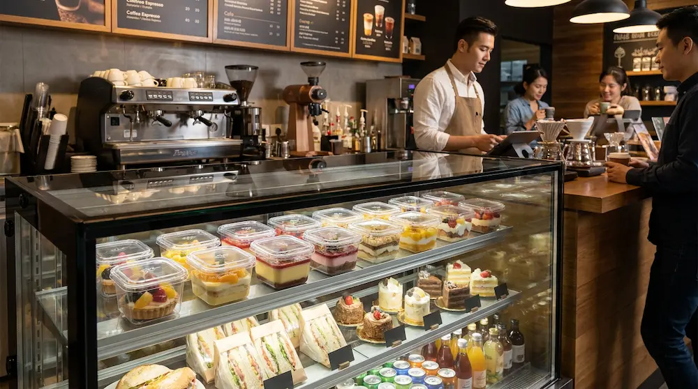 Clear PET/RPET deep square dessert containers in a boutique coffee shop refrigerated display case with cakes and ready-to-eat desserts