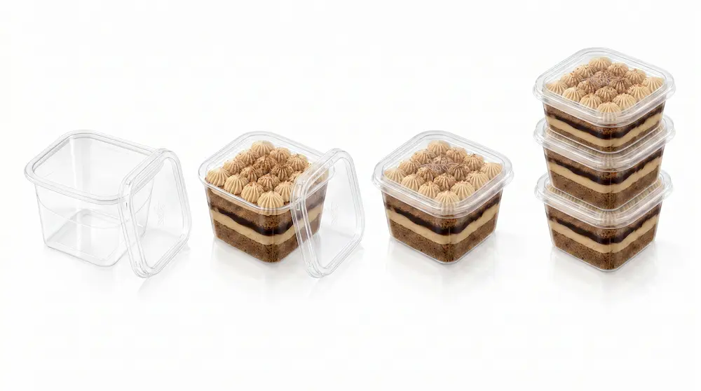 Clear PET/RPET deep square dessert container showing empty base, open lid, filled cake box, closed package, and stacked dessert containers.