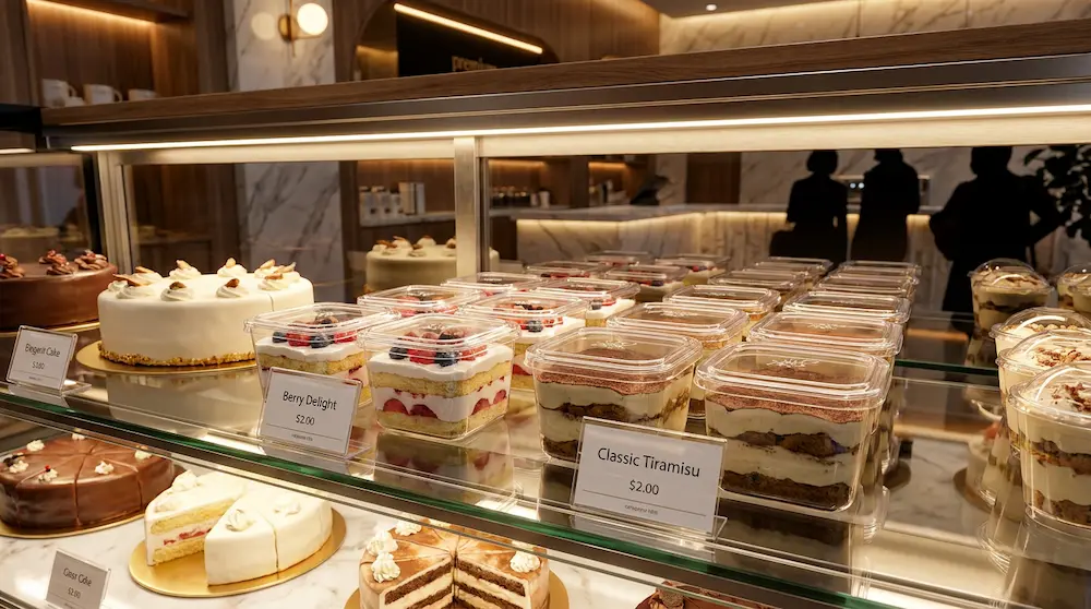 Clear PET/RPET deep square dessert containers displayed in a premium bakery refrigerated showcase for layered cakes and tiramisu