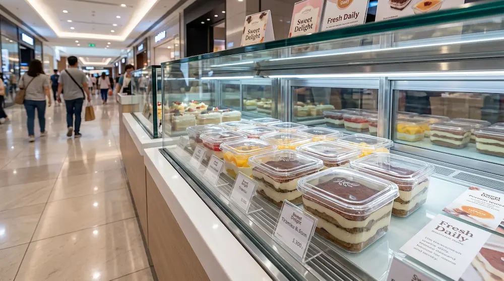 Clear PET/RPET deep square dessert containers displayed in a shopping mall dessert counter with chilled layered cakes