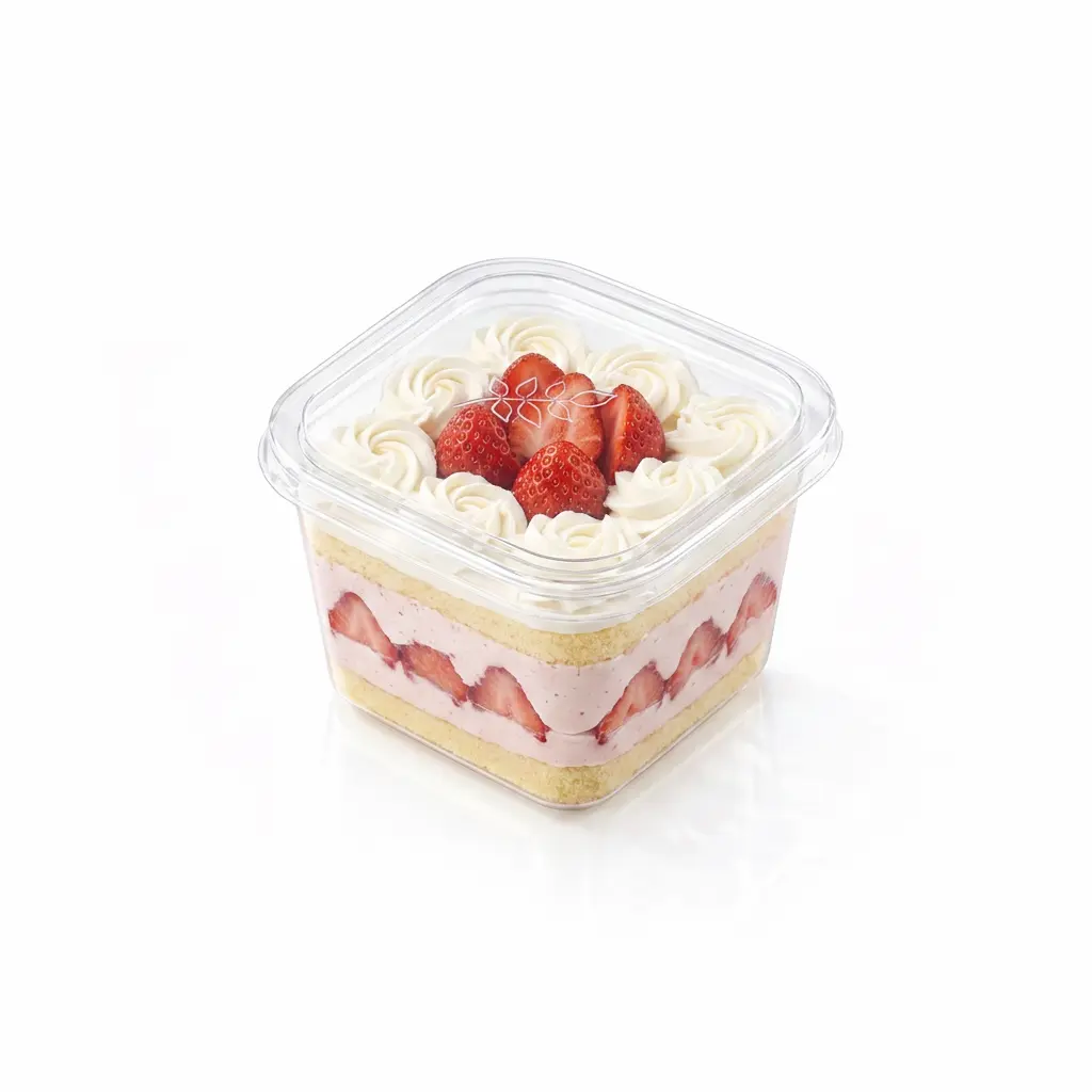 Clear PET/RPET deep square dessert container filled with strawberry cream cake for bakery takeaway and chilled dessert display.