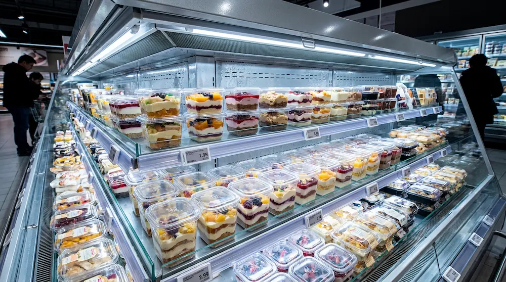 Clear PET/RPET deep square dessert containers in a supermarket ready-to-eat dessert refrigerator with fruit and layered desserts