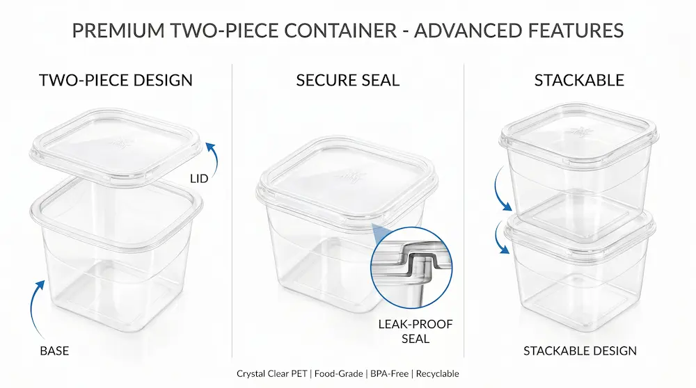 Clear PET/RPET deep square dessert container showing two-piece design, secure seal, and stackable structure for bakery packaging.
