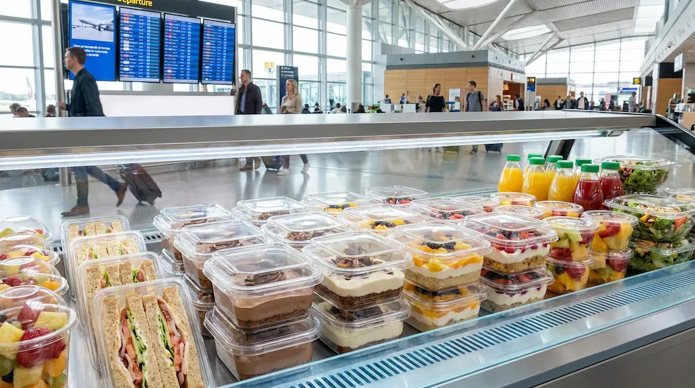 Clear PET/RPET dessert containers with anti-fog lids in an airport grab-and-go refrigerated display with fruit cups and sandwiches