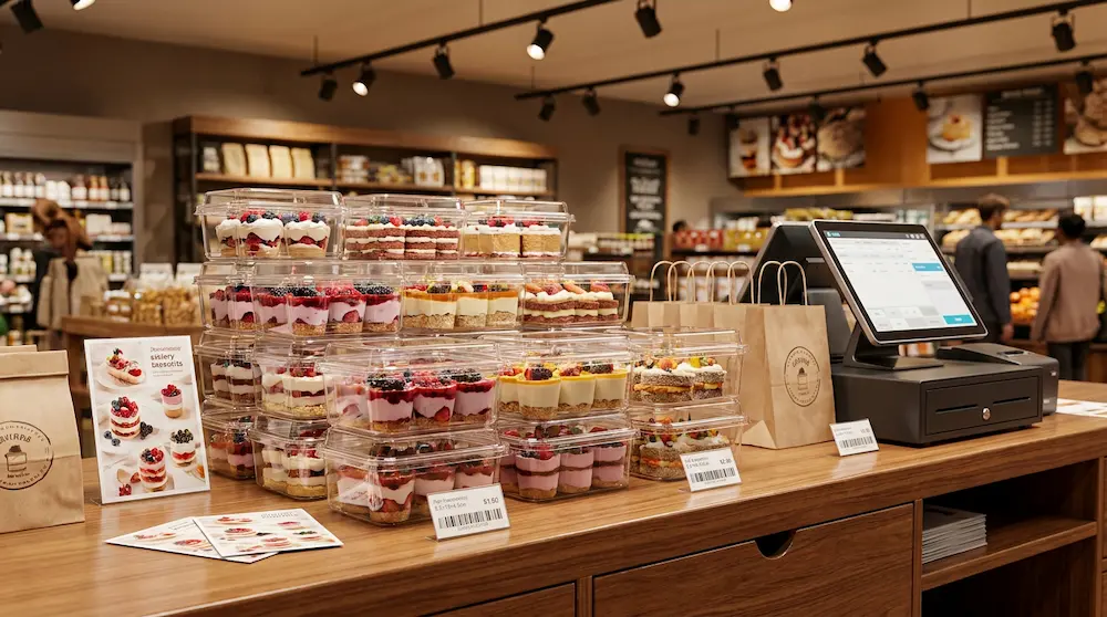 Clear PET/RPET dessert containers with anti-fog lids stacked near a retail checkout counter for fresh ready-to-eat food