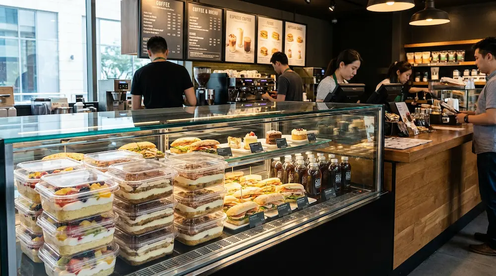 Clear PET/RPET dessert containers with anti-fog lids in a coffee shop chilled display with sandwiches, cakes, and bottled drinks