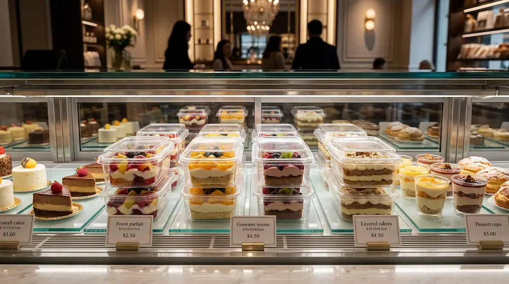 Clear PET/RPET dessert containers with anti-fog lids displayed in a premium dessert shop refrigerated showcase