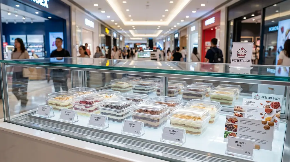 Clear PET/RPET dessert containers with anti-fog lids displayed in a shopping mall dessert counter with layered cakes