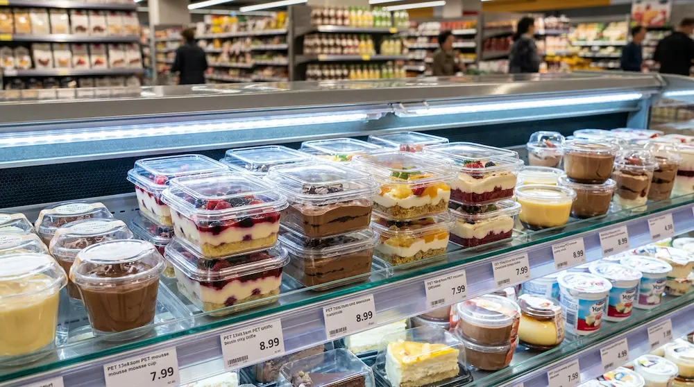 Clear PET/RPET dessert containers with anti-fog lids on a supermarket chilled dessert shelf for ready-to-eat desserts