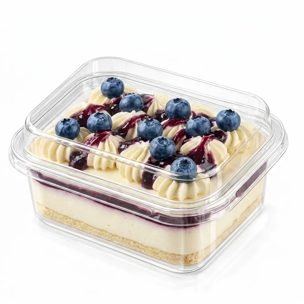 clear-pet-rpet-dessert-container-blueberry-cheesecake Clear PET/RPET dessert container filled with blueberry cheesecake, cream piping, blueberry topping, and visible biscuit base for retail dessert display.