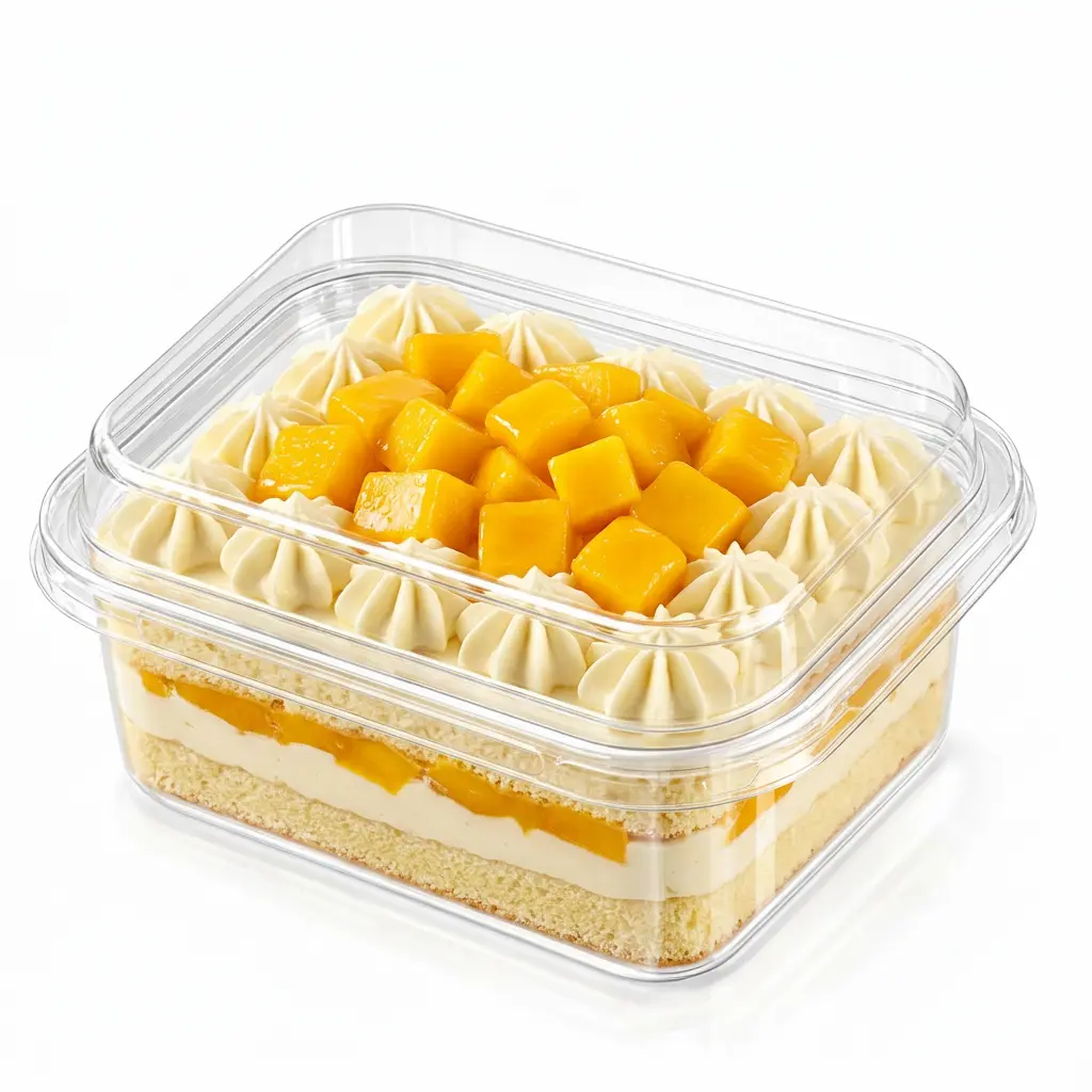 Clear PET/RPET dessert container filled with mango cream cake, featuring mango cubes, cream topping, and visible cake layers for bakery packaging.