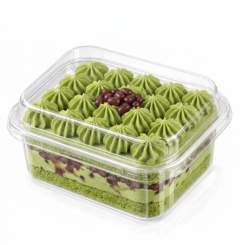 clear-pet-rpet-dessert-container-matcha-red-bean-cake Clear PET/RPET dessert container packed with matcha red bean cake for chilled bakery display and takeaway dessert packaging.