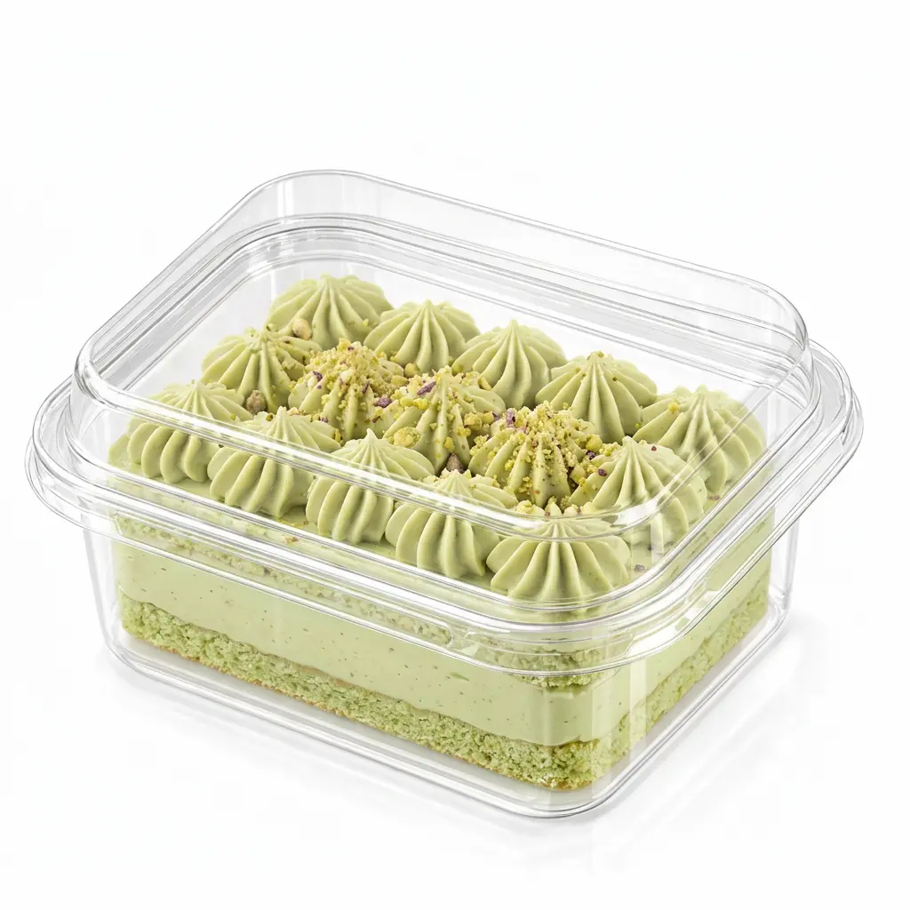 clear-pet-rpet-dessert-container-pistachio-cream-cake Clear PET/RPET dessert container filled with pistachio cream cake for bakery, cafe, and chilled dessert retail packaging.