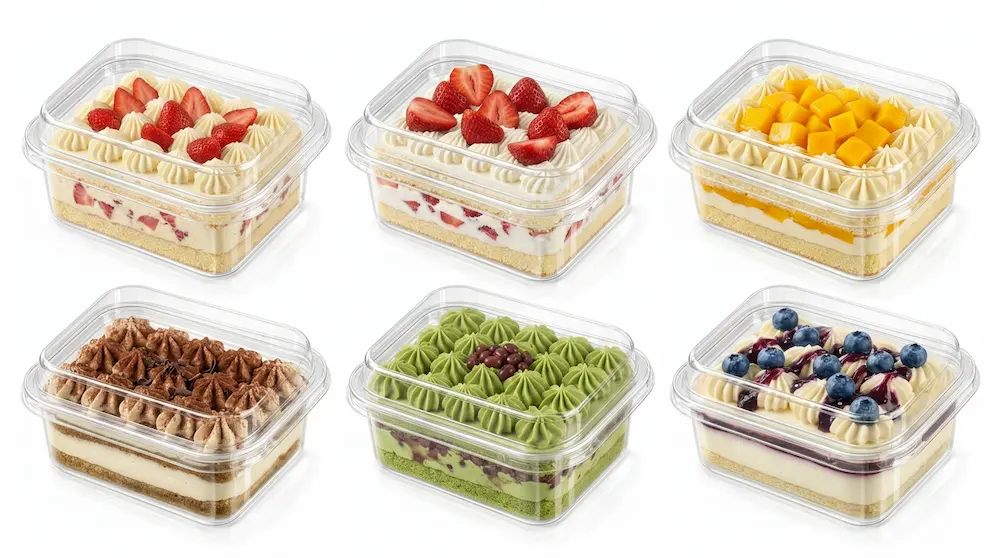 Six clear PET/RPET dessert containers filled with strawberry, mango, tiramisu, matcha red bean, blueberry, and cream cakes for retail display.