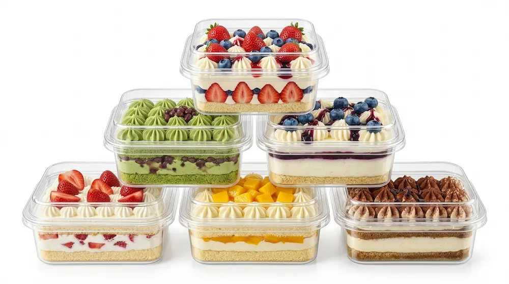 Clear PET/RPET dessert containers arranged in a stacked display with strawberry, matcha red bean, blueberry, mango, and tiramisu cakes.