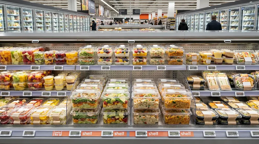 Clear PET/RPET dessert container with spoon for supermarket chilled food shelf display