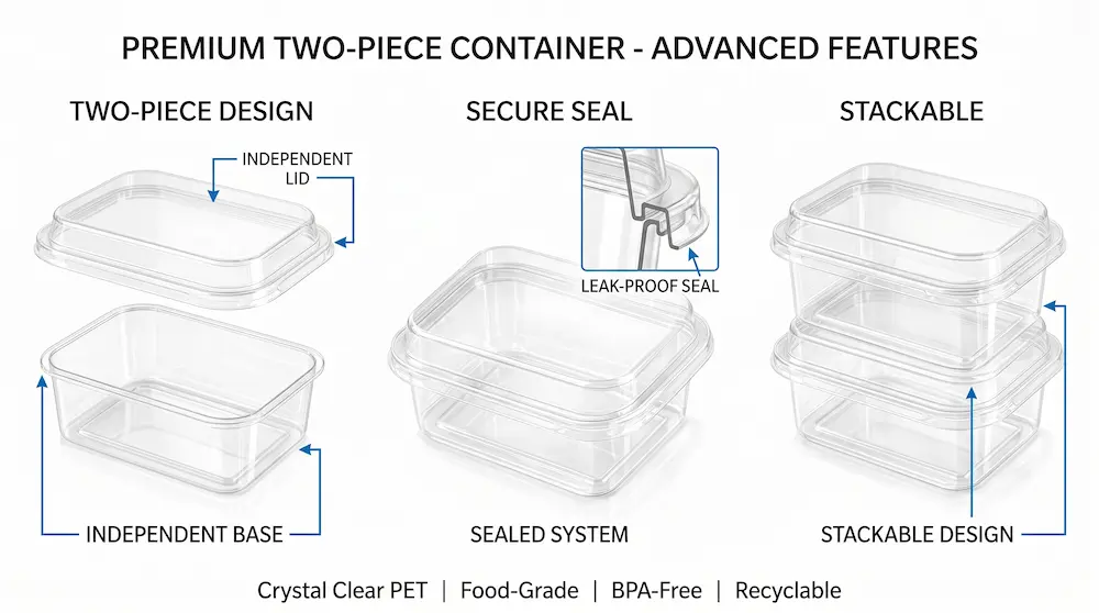 Clear PET/RPET dessert container showing two-piece design, secure seal, and stackable structure for bakery and chilled dessert packaging.