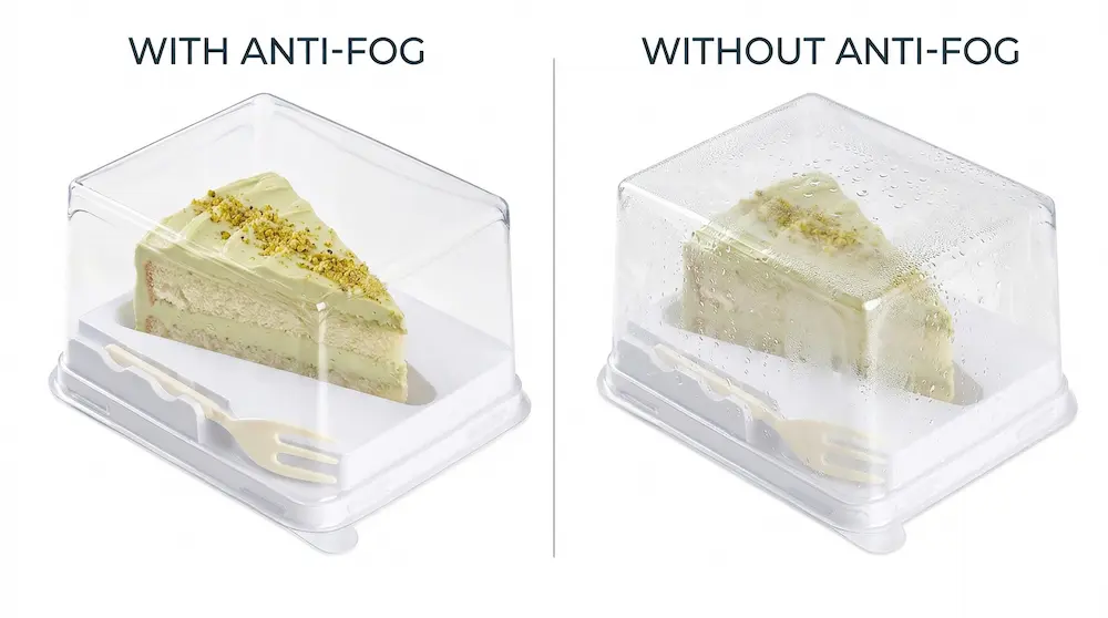Clear PET/RPET dessert container with fork anti-fog comparison for higher cake slices
