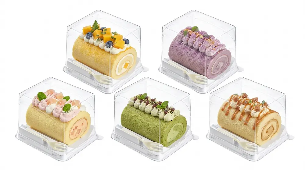 Clear PET/RPET dessert container with fork for assorted cake roll packaging
