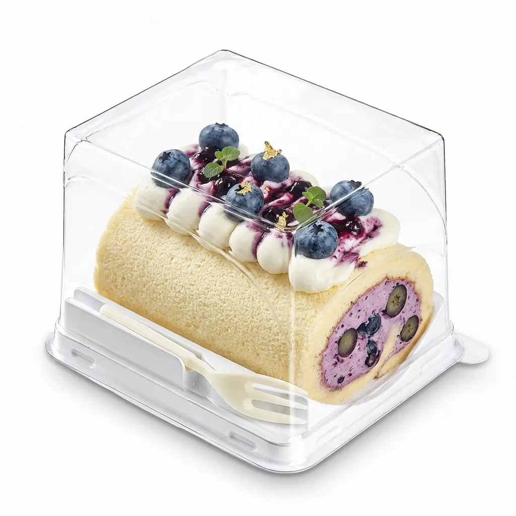 clear-pet-rpet-dessert-container-with-fork-blueberry-cream-cake-roll Clear PET/RPET dessert container with fork for blueberry cream cake roll packaging