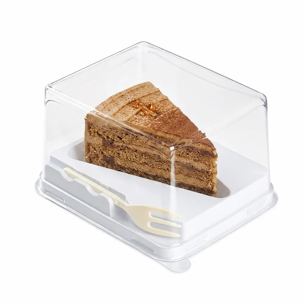 clear-pet-rpet-dessert-container-with-fork-brown-sugar-espresso-cake Clear PET/RPET dessert container with fork for brown sugar espresso cake slice packaging