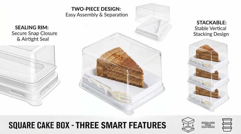 Clear PET/RPET dessert container with fork sealing rim two-piece stackable feature overview