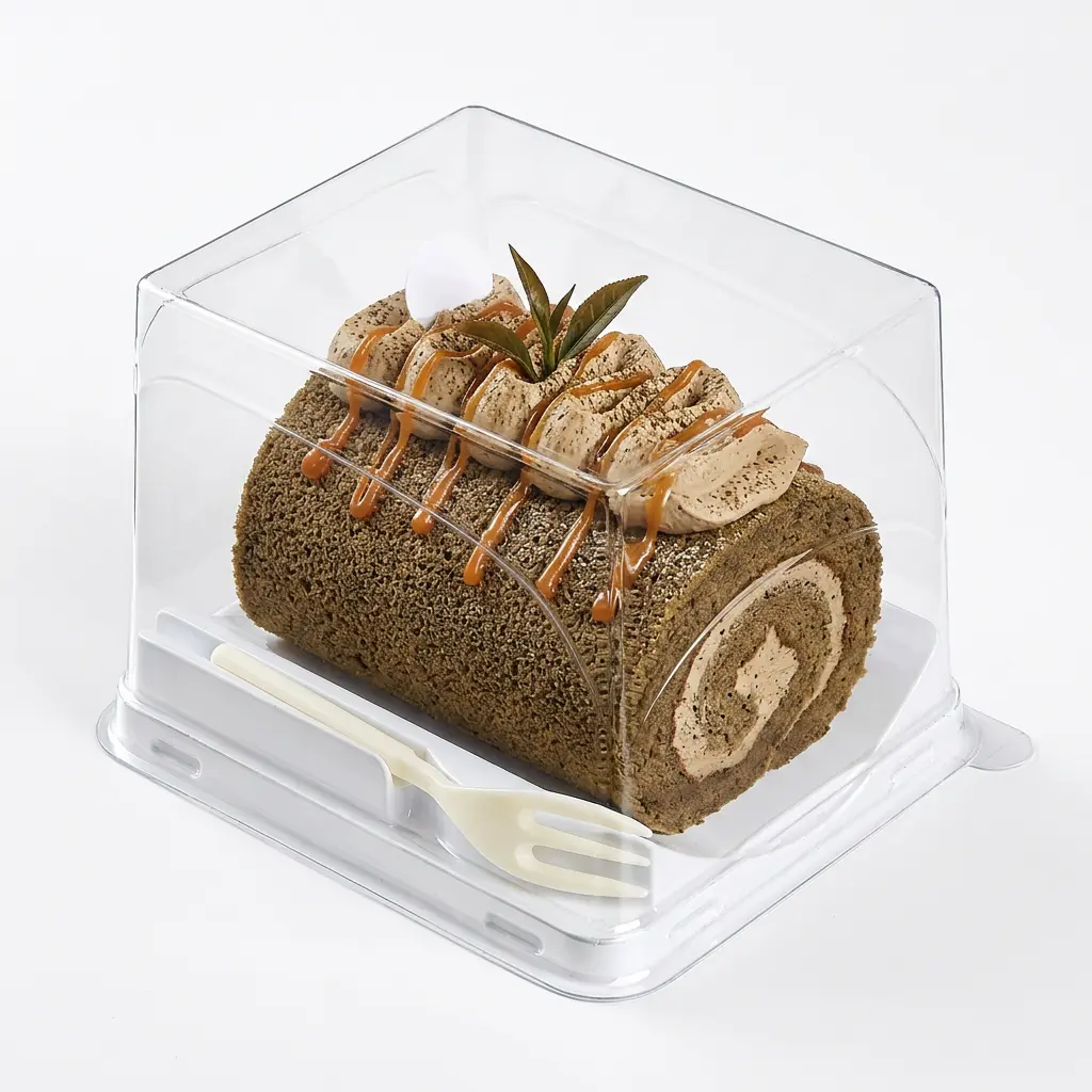 clear-pet-rpet-dessert-container-with-fork-hojicha-roasted-tea-cake-roll Clear PET/RPET dessert container with fork for hojicha roasted tea cake roll packaging