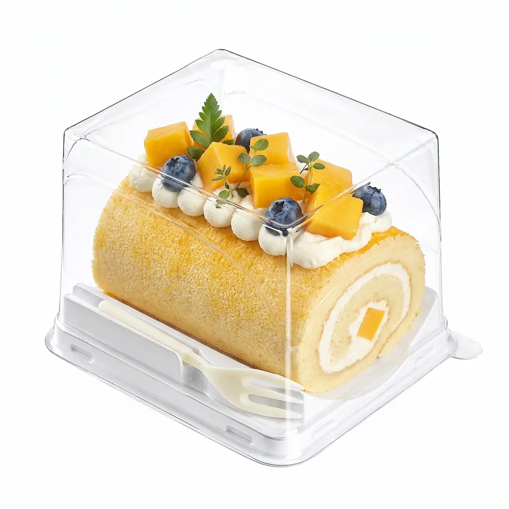 clear-pet-rpet-dessert-container-with-fork-mango-cream-cake-roll Clear PET/RPET dessert container with fork for mango cream cake roll packaging