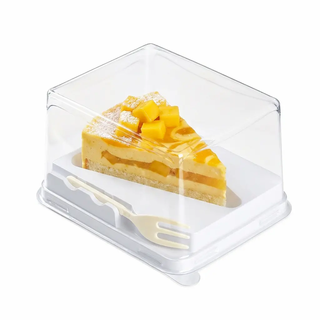 clear-pet-rpet-dessert-container-with-fork-mango-cream-cheese-cake Clear PET/RPET dessert container with fork for mango cream cheese cake slice packaging