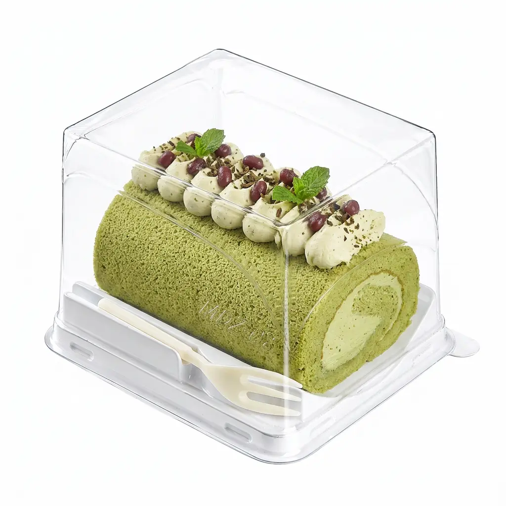clear-pet-rpet-dessert-container-with-fork-matcha-red-bean-cake-roll Clear PET/RPET dessert container with fork for matcha red bean cake roll packaging