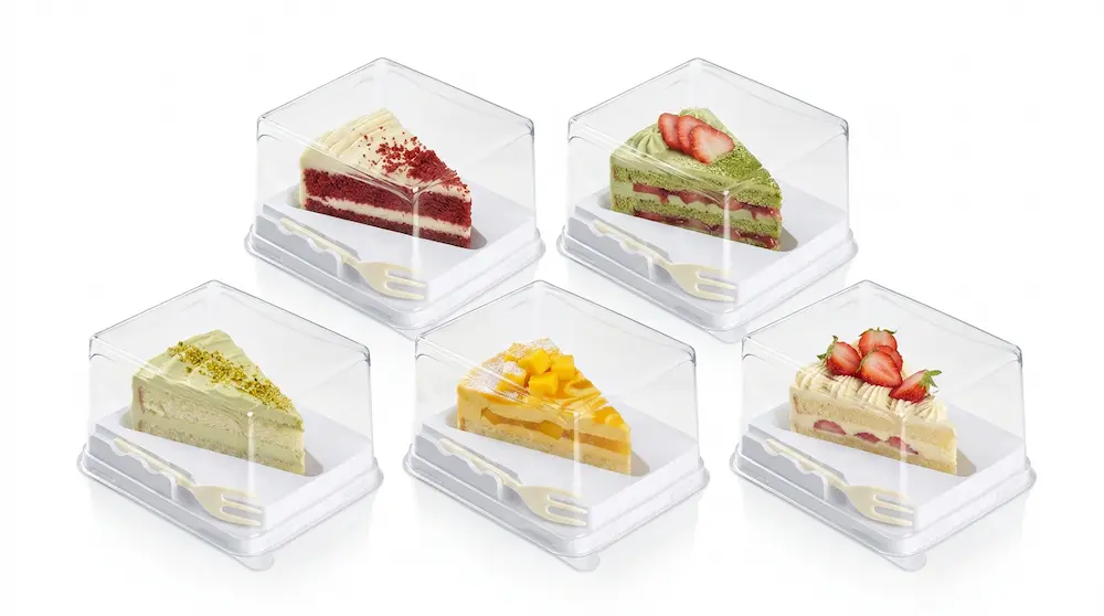 Clear PET/RPET dessert container with fork for multiple higher cake slice flavors