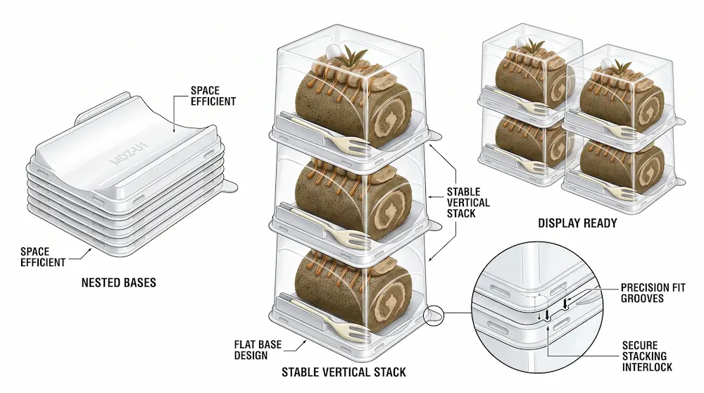 Clear PET/RPET dessert container with fork nested bases and stable vertical stack design
